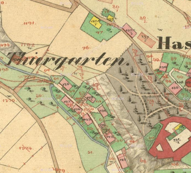 Mapa stabilního katastru z roku 1837 s vyznačením obory, včetně sítě cest. | © Český úřad zeměměřický a katastrální (ČÚZK), dostupné na https://ags.cuzk.cz/archiv/. Nepodléhá Creative Commons. Mapa stabilního katastru z roku 1837 s vyznačením obory, včetně sítě cest. | © Český úřad zeměměřický a katastrální (ČÚZK), dostupné na https://ags.cuzk.cz/archiv/. Nepodléhá Creative Commons.