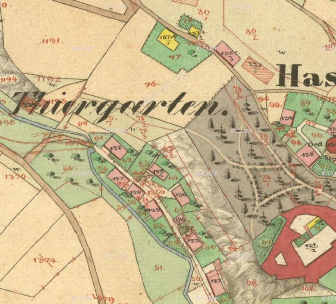 Mapa stabilního katastru z roku 1837 s vyznačením obory, včetně sítě cest. | © Český úřad zeměměřický a katastrální (ČÚZK), dostupné na https://ags.cuzk.cz/archiv/. Nepodléhá Creative Commons.