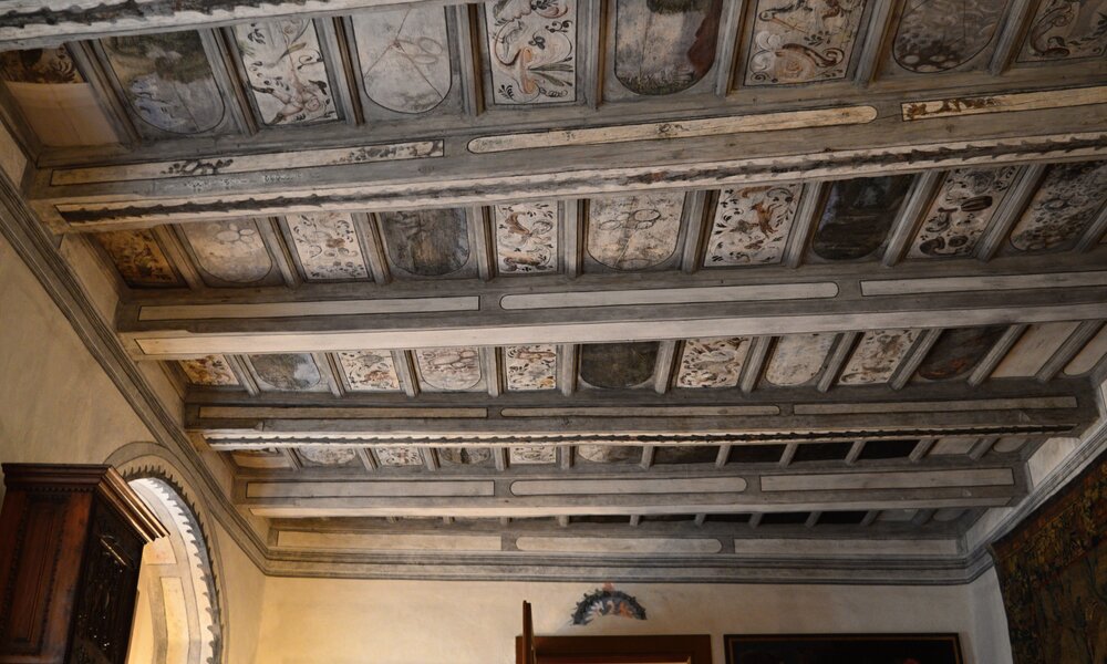 Restored wooden ceiling in the north-east wing.