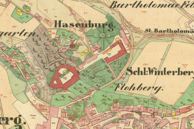 Mapa stabilního katastru z roku 1837 s vyznačením obory, včetně sítě cest. | © Český úřad zeměměřický a katastrální (ČÚZK), dostupné na https://ags.cuzk.cz/archiv/. Nepodléhá Creative Commons.