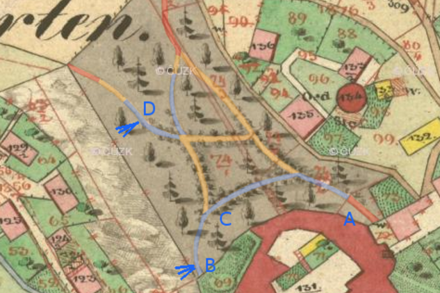 Zanesení stávajícího stavu cestní sítě na mapě stabilního katastru z roku 1837. | © Český úřad zeměměřický a katastrální (ČÚZK), dostupné na https://ags.cuzk.cz/archiv/. Nepodléhá Creative Commons.